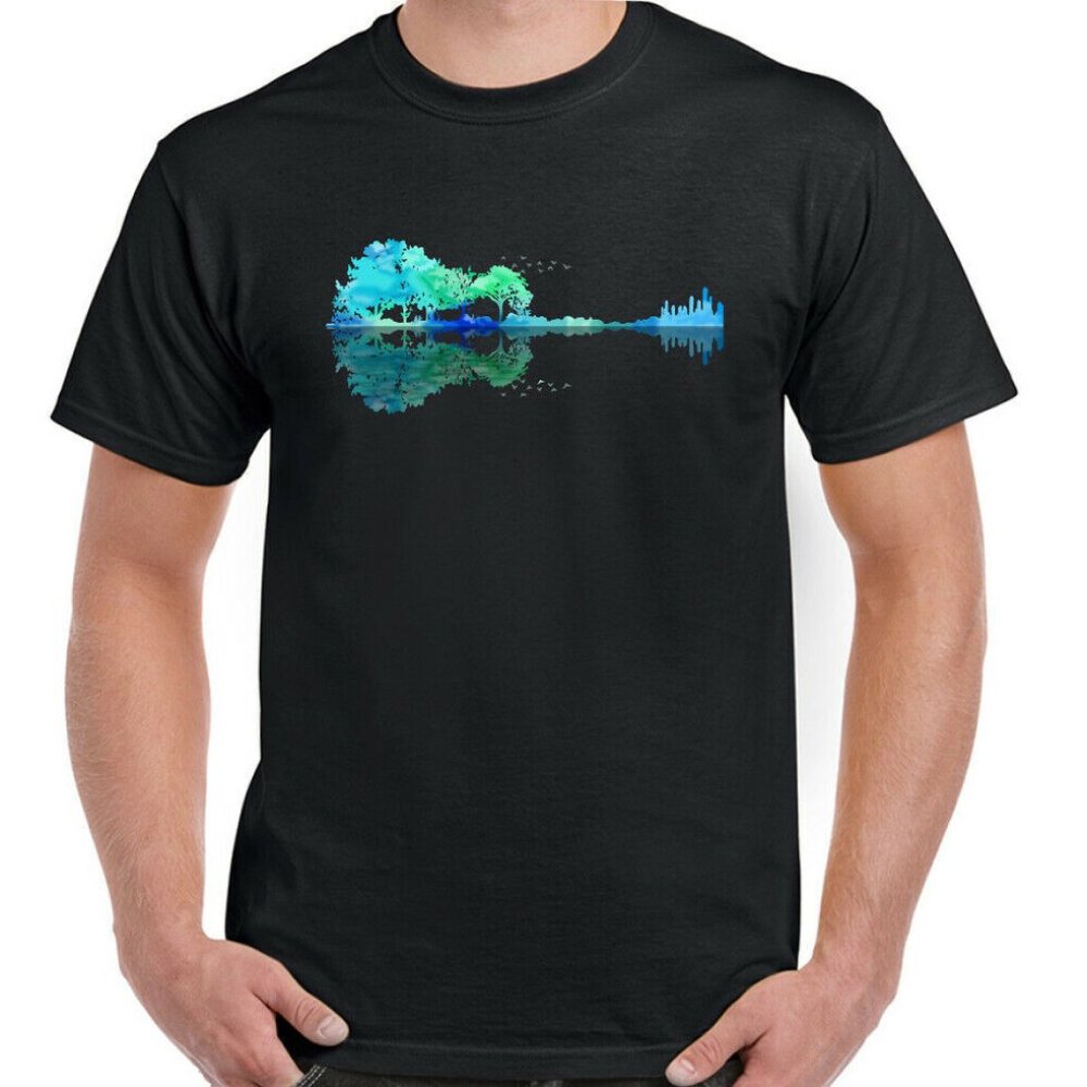 GUITAR T-SHIRT Electric Acoustic Bass Rock n Roll Band Music Reflection Lake Top